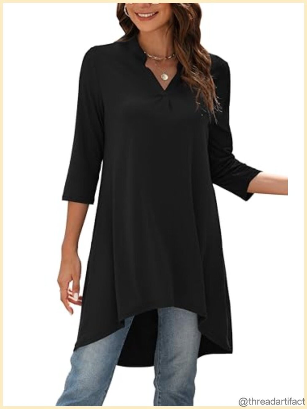 Women's 3/4 Sleeve V-Neck Long Tunic Top High-Low Hem Loose Fit Shirt